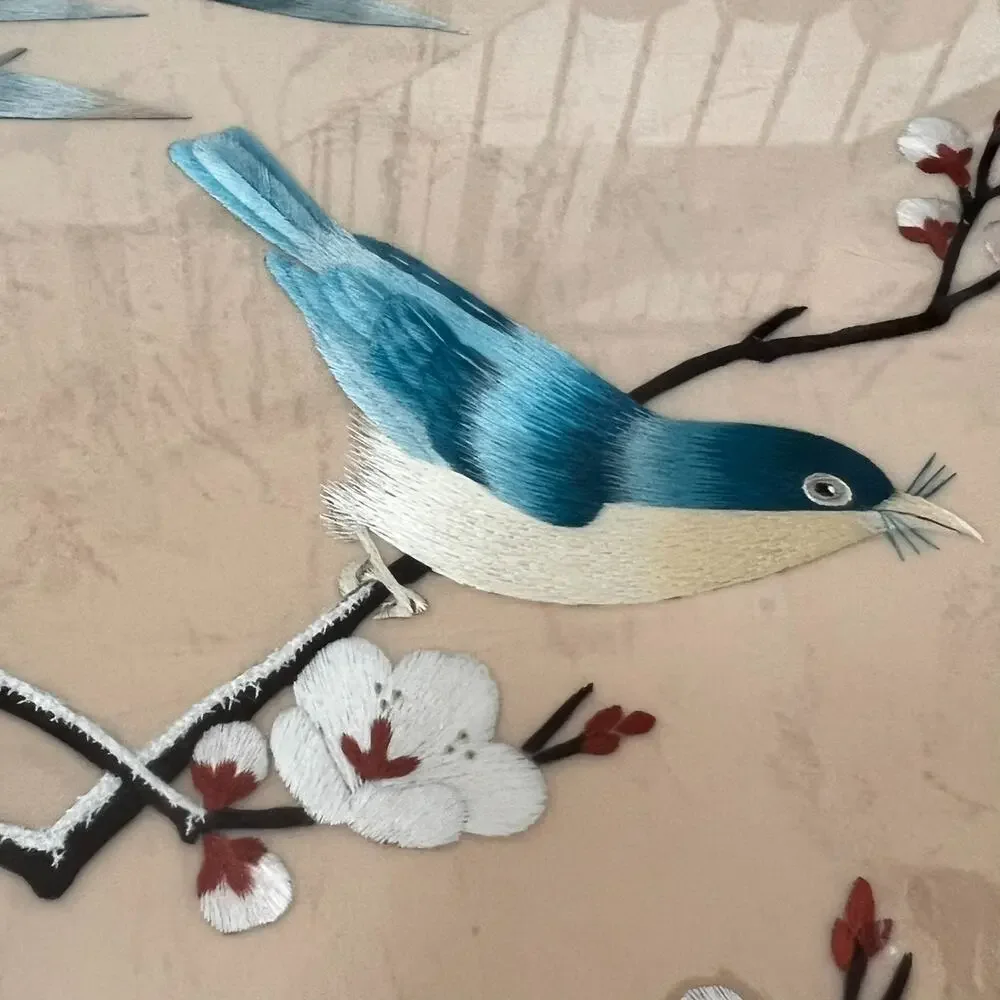 Framed Chinese Hand Embroidered Silk Bird on Cherry Blossom Tree w Stamps 17x17